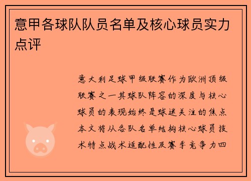 意甲各球队队员名单及核心球员实力点评