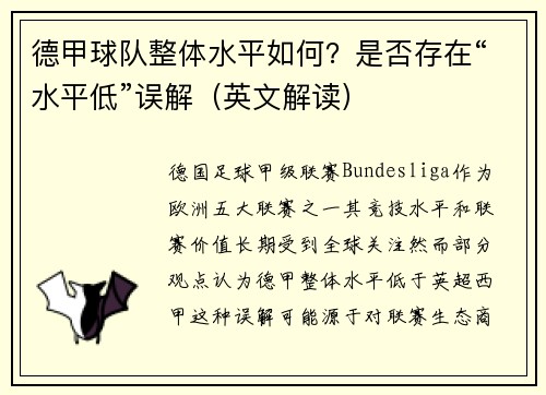 德甲球队整体水平如何？是否存在“水平低”误解（英文解读）